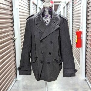 Old Money Preppy Wool Blend Grey Double‎ Breasted Peacoat Military Large Express
